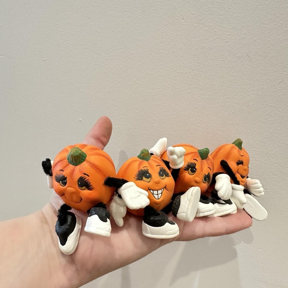 VTG‎ Set 4 Anthropomorphic Pumpkin Shelf Sitter Ceramic Halloween Kitsch Trinket